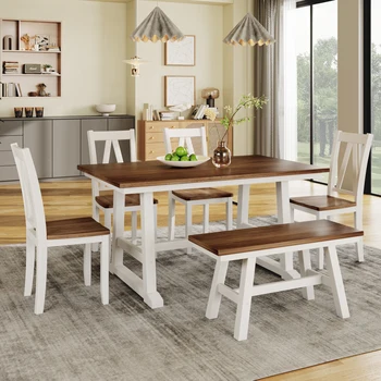 6 חתיכות עץ שולחן האוכל סט שולחן המטבח אגוז+לבן, קבוצה עם ספסל ארוך ו-4 כסאות אוכל, בסגנון בית חווה
