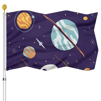 שטח הדגל מצויר רקטות כוכבי לכת כפול תפר דגלים פוליאסטר עם פליז לולאות הבית מקורה תפאורה חיצונית לילדים מתנות