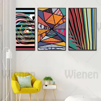 קיר אמנות ציור שמן מופשט צבעוני קווים גיאומטריים ציור קישוט הבית קנבס הדפסה עיצוב ציור על הסלון