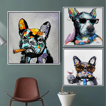 רחוב גרפיטי אמנות מגניב לעשן הכלב בד פוסטר בעלי חיים מצחיק ציור של כלב עם Sunglasse פוסטר הדפסה קיר בבית Cuadros עיצוב