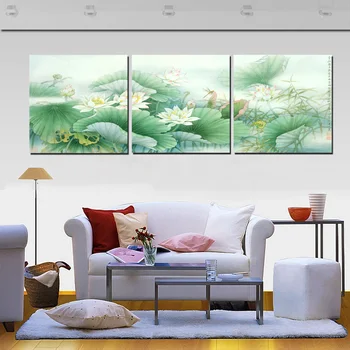 בציר עיצוב הבית בד ציור טביעת פרח לוטוס ציורים סט 3 לוח למלאכות אמנות תמונות עבור חדר קישוט הקיר