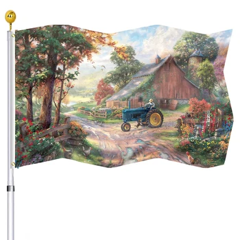 בציר החווה הביתה דקורטיביים דגל בוקר עם אסם ועל טרקטור פוליאסטר חצר גדולה דגלים, באנרים, פטיו בבית תפאורה חיצונית