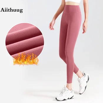 Aiithuug גבוהה המותניים מוברש יוגה מכנסיים החורף יוגה צועד חמים ספורט תחת Lifitng טייץ אור-רונה אימון חותלות