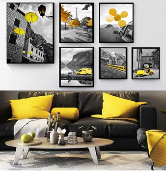 התמונה בסלון קישוט הפוסטר, הדפס שחור-לבן לרוחב נורדי בד הציור להגדיר אמנות צהוב נוף קיר