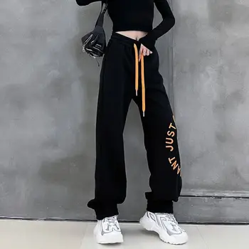 אופנה נשים משוחררות אופנת רחוב ישר מכנסיים הקיץ Harajuku גבוהה המותניים היפ הופ טרנינג קוריאנית מכתב אלסטי מכנסיים חדשים