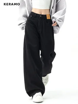 שחור באגי ישר ג 'ינס נשים קוריאני אופנה אופנת רחוב גבוהה המותניים רחב הרגל מכנסי ג' ינס נשי משוחרר שוטפים מכנסי ג ' ין Y2K