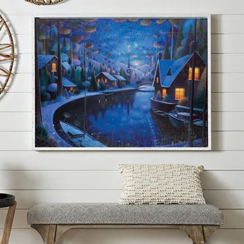לילה החורפים באגם סירה נוף מופשט ציור שמן על בד Cuadros אמנות פוסטרים, הדפסים הקיר תמונה עבור הסלון