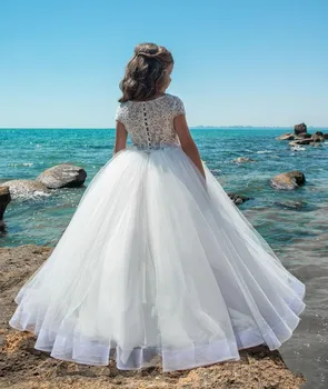 רשמית שאנשים לבנים, פרח בנות שמלות חתונה קצרה שרוולים Appliqued בוהו ילדים הטקס הראשון שמלת וינטאג', שמלות תחרות