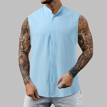 בקיץ כותנה חולצה ללא שרוולים לעמוד צווארון חולצות מקרית מוצק צבע כפתור חולצות לגברים אופנת רחוב Camisas Blusas מקסימום