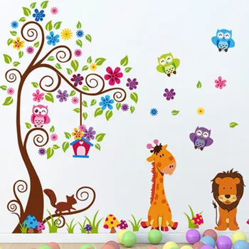גודל גדול עצים, בעלי חיים צבעוניים ינשוף מדבקות קיר חדר השינה מדבקות להדבקה עצמית לילדים חדר תינוק ציור קיר לעיצוב הבית טפט