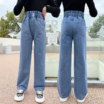 הילדים החדשים בנות רחב ג 'ינס רגל ילדים מכנסי ג' ינס העשרה להאריך ימים יותר מכנסיים ארוכים ילדה האביב ליפול ישר מכנסיים 6 8 10 12 14Y