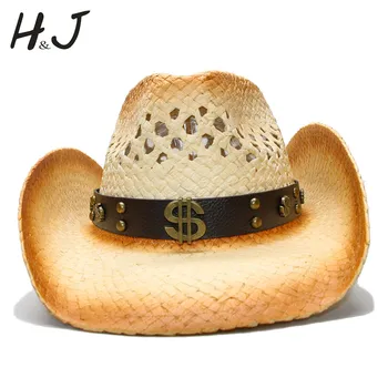 נשים גברים המערבי כובע בוקרים עם פאנק כסף רצועת עור קש הגברת אבא חוף השמש כובע סומבררו רשת בוקרת ג ' אז כובע גודל 58CM