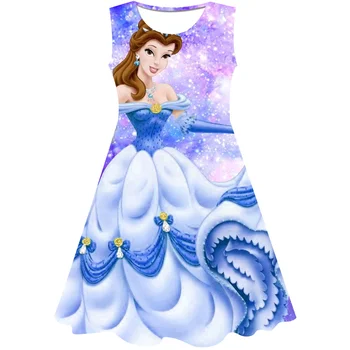 דיסני הנסיכה בל הדפסה שרוולים להתלבש נערת קיץ רופף מזדמן O-צוואר מסיבת חג לפרוע מידי שמלת נסיכה