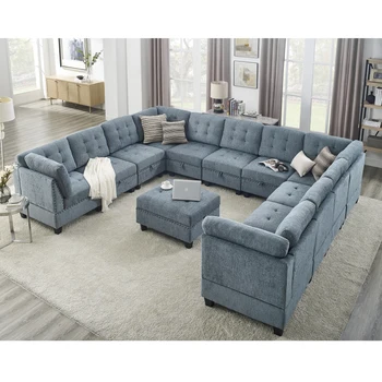 U לעצב ספה פינתית מודולרי，DIY שילוב，כולל שבעה יחיד הכיסא， ארבע פינה אחת העות ' מאנית，כחול נייבי