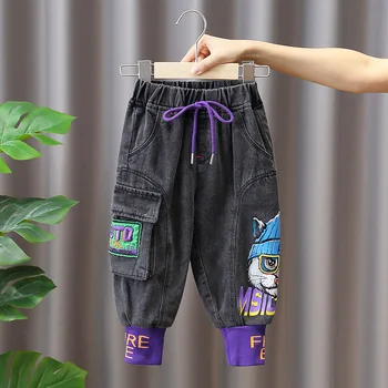 התינוק בחורה משוחררת ג 'ינס אביב סתיו אופנה חדשה קוריאנית סגנון מזדמנים קריקטורה בנים ג' ינס של ילדים מכנסי ג ' ינס 2-11Years