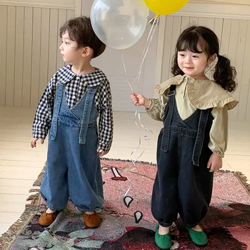 סתו ילדים אופנה רחב רגל סרבל סרבל יוניסקס גדול כל-התאמה 2 צבעים suspender מכנסיים
