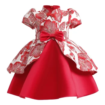 2023 אדום שמלת מסיבת לילדים ילדה סינית מסורתית Cheongsam רקמה קשת פרח שמלת ילדה 3 4 5 6 7 10 שנים יום הולדת