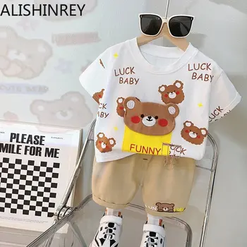ALISHINREY בנים בגדים בנות סט קיץ 2023 חדש דוב אופנה בסגנון קוריאה כותנה באיכות גבוהה לילדים החולצה התינוק Costum