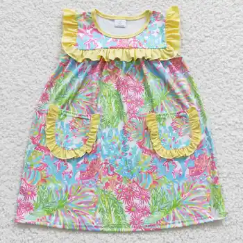 עדכון חדש RTS ילדים צבעוני חלק אחד Apparels פעוטות בנות הקיץ כיסי הבגדים התינוק לפרוע את שמלות