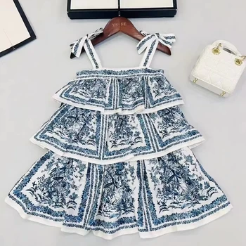בנות שמלת קיץ בנות פרח כחול עם הדפס אופנתי ילדים רצועת שמלת עוגה