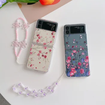 חמוד פריחת השזיף דפוס פרחוני ברור קשה טלפון Case For Samsung Galaxy Z Flip 4 3 5 גרם אופנתי קריסטל צמיד פרחים כיסוי